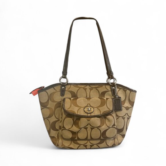Coach Khaki Brown Signature Turnlock Pocket Bag F14659 Authentic Large Tote - Picture 1 of 9